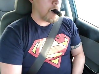 Cigar daddy hands free cumshot while driving
